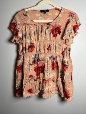 Suzanne Betro Peach Floral Smocked Peplum Tunic with Red and Cream Blooms